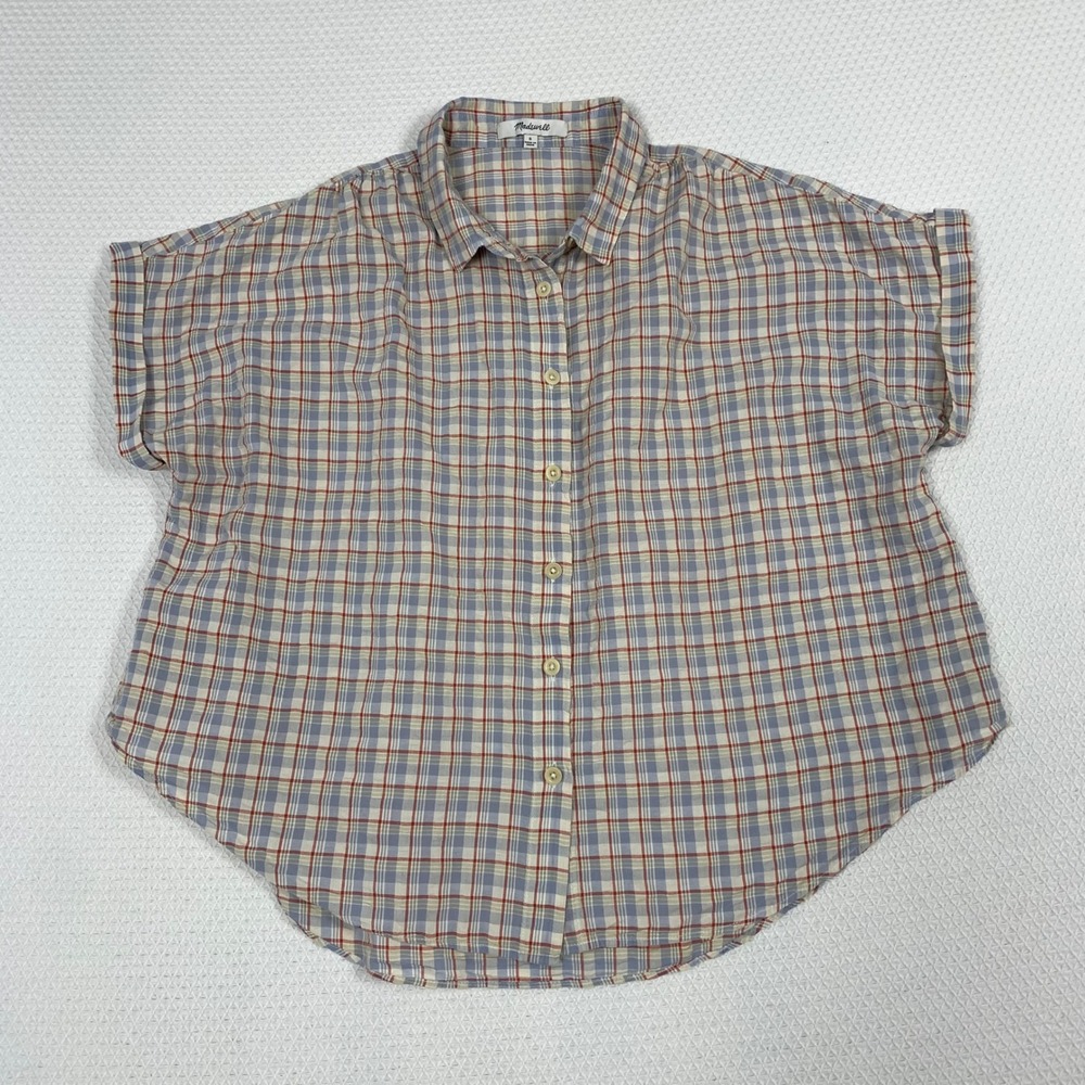 Madewell Womens S Cream Blue Red Plaid Rolled Sleeve Cuffed Button Down Shirt